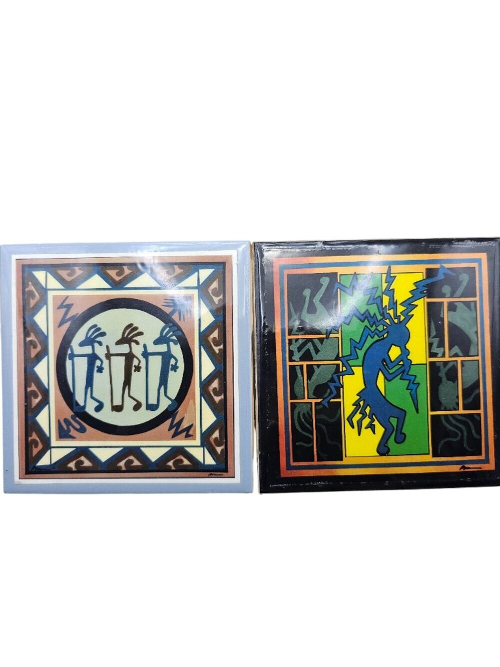 Kachina Kokopelli & Marching Loco Ceramic Tile Trivets Set Of 2